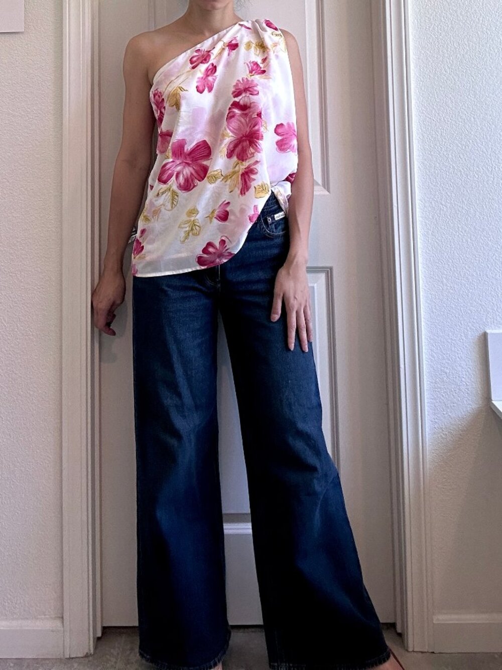 Handmade Upcycled One Shoulde Floral Flowy Blouse size M